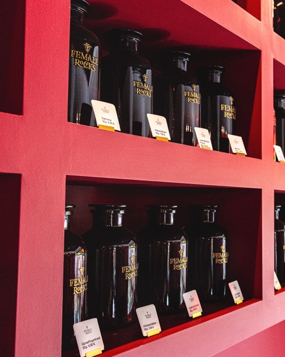 Apothekerflaschen mit Preisschildern im roten Regal bei Female Rocks